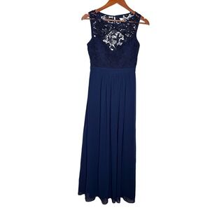 Lulus So Far Gown Navy Crochet Lace Open Back Chiffon Maxi Dress Sleeveless Sz M
